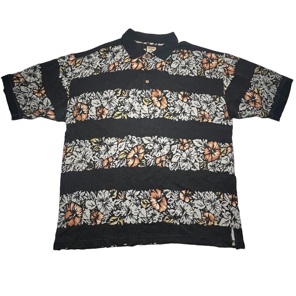 Vintage 90s Tommy Bahama Polo Shirt XL Black Silk Cotton Hibiscus Floral Surf